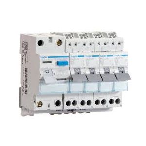Hager combinatie van 1 aardlekschakelaar en 4 automaten op aansluitrail